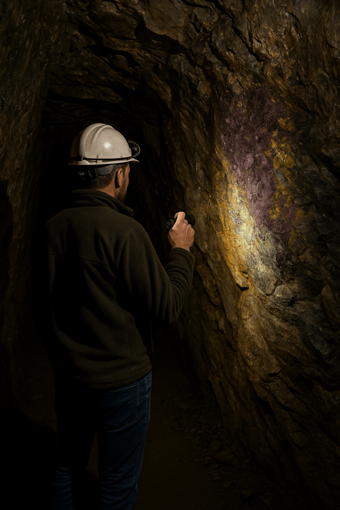 Realistyczne zdjęcie przedstawiające turystę z przewodnikiem w podziemiach kopalni uranu w Kowarach, odkrywającego geologiczne tajemnice sztolni Liczyrzepa