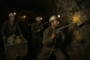 Trzej górnicy pracujący przy wydobyciu uranu w sztolni kopalni Kowary