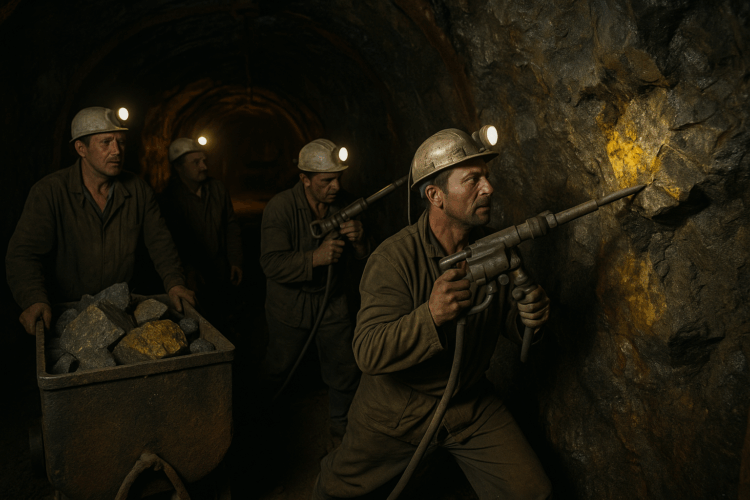 Trzej górnicy pracujący przy wydobyciu uranu w sztolni kopalni Kowary