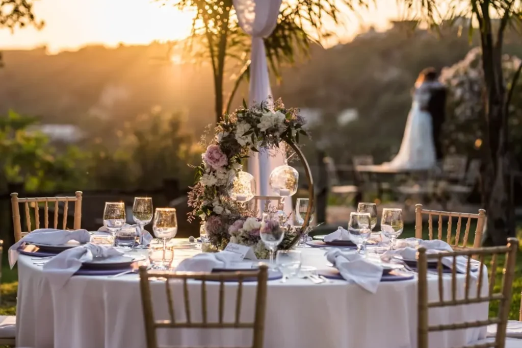 Dekorowany stół weselny w plenerze z widokiem na góry i parą młodą w tle, Jelenia Struga Medical SPA