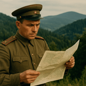 Sowiecki oficer z lat 50. XX wieku trzymający rozłożoną mapę na tle zalesionych wzgórz w Sudetach.
