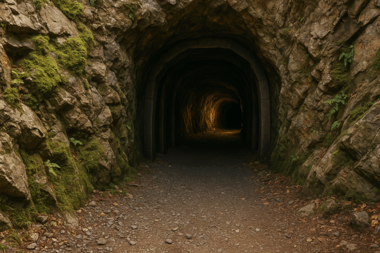Wejście do sztolni wykute w skale, otoczone roślinnością, góry Kowarskie