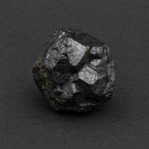 Zbliżenie na minerał uraninitu na ciemnym tle