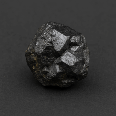 Zbliżenie na minerał uraninitu na ciemnym tle