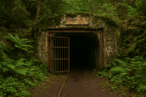 Wejście do dawnej kopalni uranu w dzielnicy Podgórze w Kowarach, otoczone lasem i porośnięte mchem, z otwartą metalową kratą prowadzącą do ciemnego tunelu.