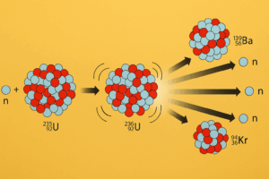 Reakcja łańcuchowa uranu U-235: neutron inicjuje rozszczepienie jądra uranu, powstają jądra Ba-139 i Kr-94 oraz kolejne neutrony. Grafika edukacyjna.