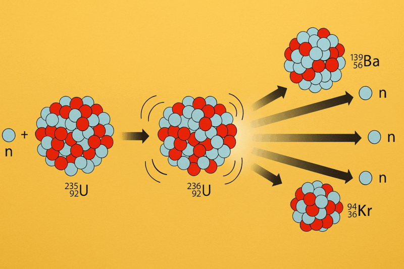 Reakcja łańcuchowa uranu U-235: neutron inicjuje rozszczepienie jądra uranu, powstają jądra Ba-139 i Kr-94 oraz kolejne neutrony. Grafika edukacyjna.