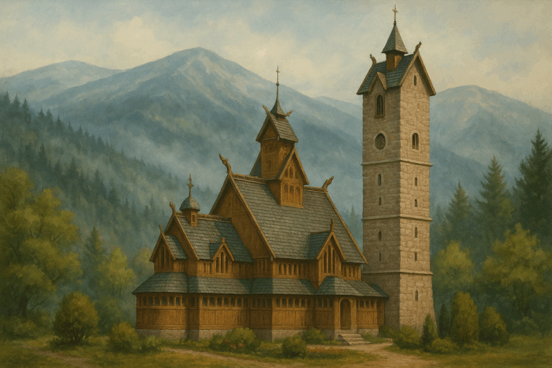 Świątynia Wang w Karpaczu na tle zamglonych karkonoskich gór, jedna z najważniejszych atrakcji okolic Karpacza.