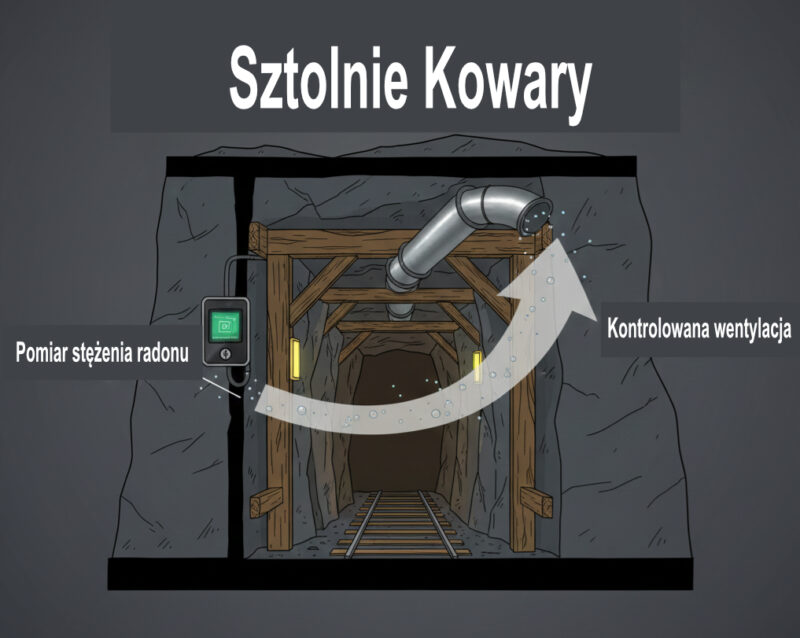Kopalnia uranu Kowary, pomiar stężenia radonu i kontrolowana wentylacja w bezpiecznej sztolni turystycznej.