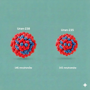 Modele jąder atomowych Uranu-238 i Uranu-235 (146 i 143 neutrony). Porównanie izotopów.