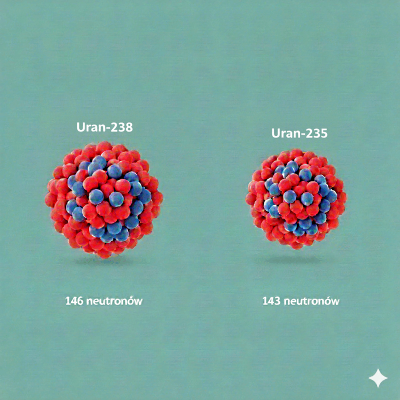 Modele jąder atomowych Uranu-238 i Uranu-235 (146 i 143 neutrony). Porównanie izotopów.
